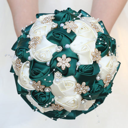 Amazon Supply Dark Green Bride Bridesmaid Simulated Satin Rose Bouquet Church Wedding Supplies Wholesale