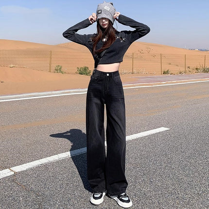 Black Grey Wide Leg Jeans Women's Fashion All-match New High Waist Loose Slimming Niche Design Sense Straight Pants