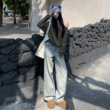 Design Sense Light Color Wide Leg Jeans Women's Autumn and Winter 2024 New Style Straight Tube Loose High Waist Slimming Pants
