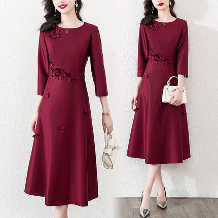 Xi mother-in-law wedding dress wine red dress 2023 autumn new fashion retro elegant slim dress