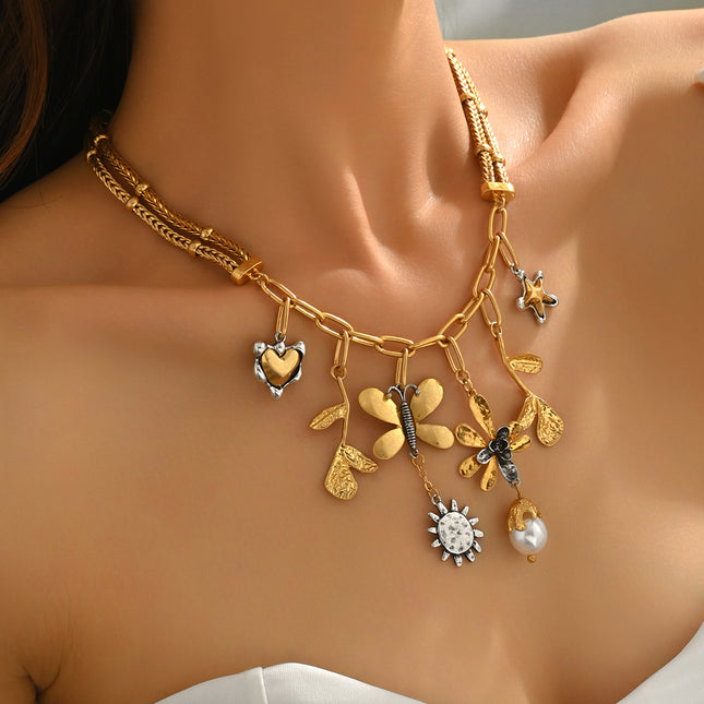 Cross-Border New Products European and American Style Fashion Butterfly Pearl Leaf Hu Flower Heart Chain Pendant Gold-Plated Wholesale Women