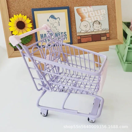 Ins Iron Cute Pink Girl Desktop Storage Basket Mini Trolley Shopping Cart Props Sundries