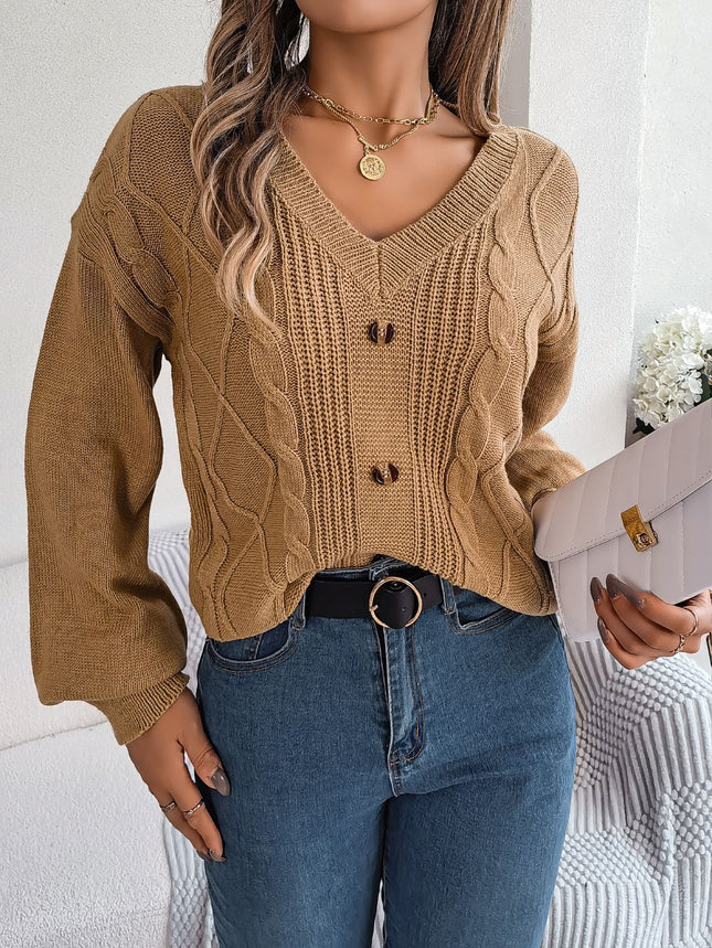 Big Sale 2024 Autumn and Winter Pure Color V Neck Button Twist Lantern Sleeve Pullover Sweater Amazon Cross-Border European and American Clothing