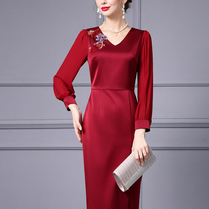 Zhili 2026 Spring Dress Women's Long-Sleeved High-End Rhinestone-Embellished Formal Occasion Wine Red Slim-Fitting Hip-Hugging Skirt New