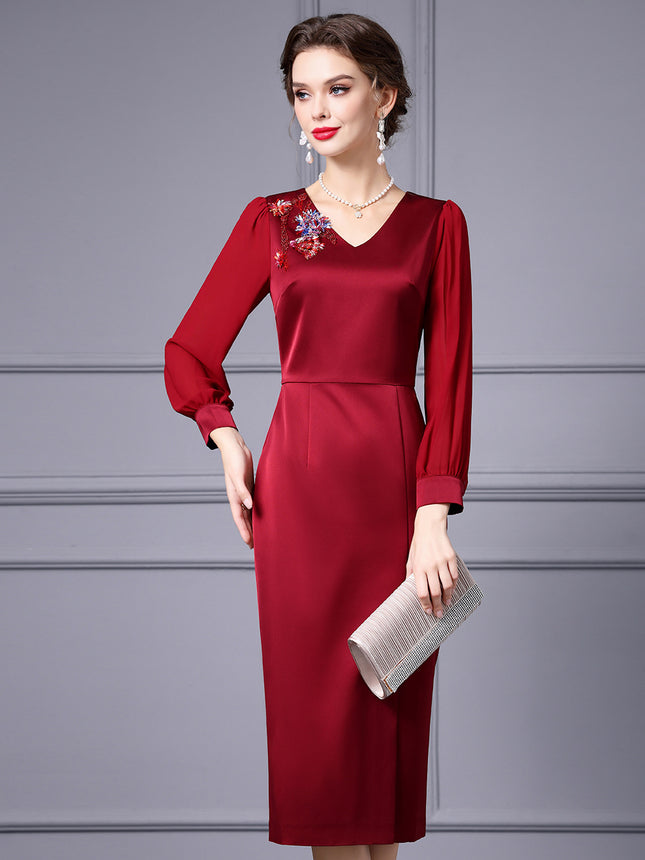 Zhili 2026 Spring Dress Women's Long-Sleeved High-End Rhinestone-Embellished Formal Occasion Wine Red Slim-Fitting Hip-Hugging Skirt New