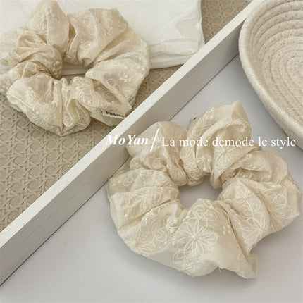 Artistic Retro Cotton Lace Embroidered Large Intestine Hair Ring Hand-made High-grade Beige Hair Rope Head Flower Elegant Tie Rope