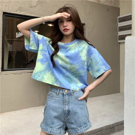 Summer Design-Inspired Outfit: Tie-Dye Gradient Starry Sky Dopamine Short Crop Top Women's Short-Sleeve T-Shirt, Direct from Manufacturer