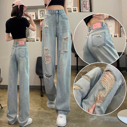Ripped Jeans Women's Summer Fashionable High Waist Slim Look Small Pear-shaped Body Wear Beggar Wide Leg Trousers