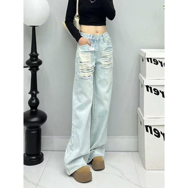 Light-Colored Washed Ripped Tassel Jeans for Women 2025 Spring New Casual Slim Design Loose Floor-Length Pants
