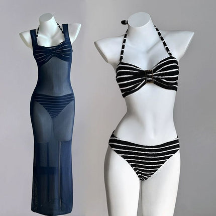 Source Manufacturer Cross-Border Bikini Thai Split Three-Piece Long Skirt Mesh Sexy Hot Girl Vacation Small Breast Swimsuit