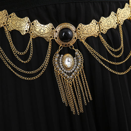 New Cross-Border Ethnic Style Turquoise Metal Waist Chain European and American Retro Tassel Coin Waist Decoration Beach Body Chain