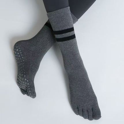 New Five-Finger Non-Slip Yoga Socks Pilates Sports Toe Socks Breathable Striped Middle Barrel Indoor Fitness Compression Socks