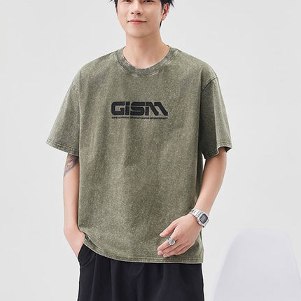 2025 Summer Heavy Letter Printed Short-Sleeved T-Shirt Men's Trendy Brand Ins Loose Casual Pure Cotton Round Neck Half-Sleeved T-Shirt