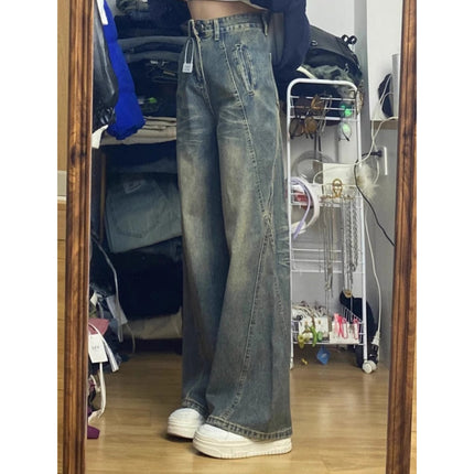 Plus Size Cement Gray Distressed Wide-Leg Jeans for Women, Trendy Versatile High-Waisted Loose Slimming Straight-Leg Designer Pants