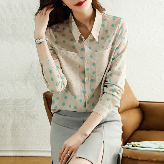 Real Shot Early Autumn New Green Dot Chiffon Shirt Women's Light Mature Design Sense Niche French Shirt Chic Top
