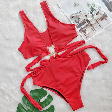2022 New TIKTOK Cyber Celebrity Bikini Sexy Deep V-neck Metal Strap Women Swimwear High Waist Swimwear Wholesale