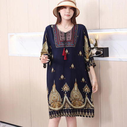 Extra Large Size Ethnic Style Round Neck Three-Quarter Sleeve Dress Loose Embroidered Flower Cotton Silk Travel Beach Skirt for Women
