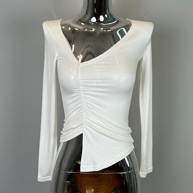 New Products from Dongdaemun, South Korea, Are Skin-Friendly and Show Off Your Figure~Sexy V Neck Pleated Slim Long-Sleeved T-Shirt Ye