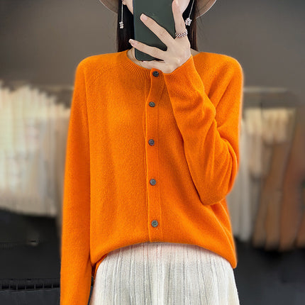 2024 Seamless One Round Neck 100 Wool Cardigan Women's Osmanthus Needle Long Sleeve Jacket Top Base Shirt