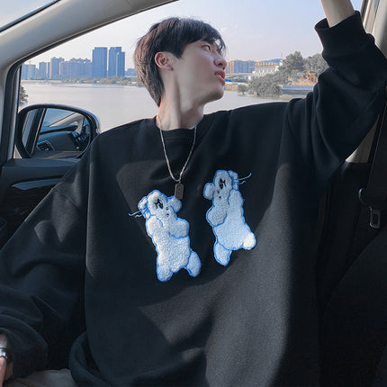 2025 Autumn New Men's Sweatshirt Hong Kong Style Dog Embroidery Cotton Oversized Sweatshirt Men's Loose Long Sleeve Top