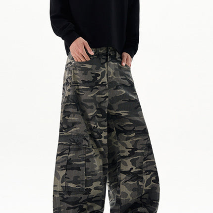 Lktm Men's American Design Multi-Pocket Scimitar Camouflage Cargo Pants Unisex Baggy Silhouette Floor-Length Trousers