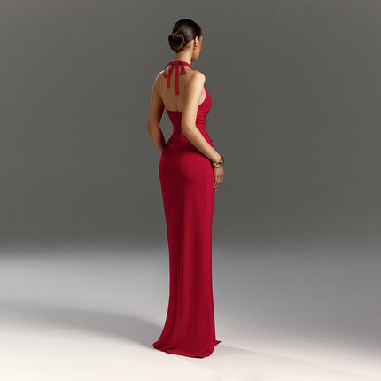 Aliexpress Cross-Border Hot-Selling Women's Clothing Halterneck Backless V-Neck Slit Elegant High-End Dress Slim Dress for Women