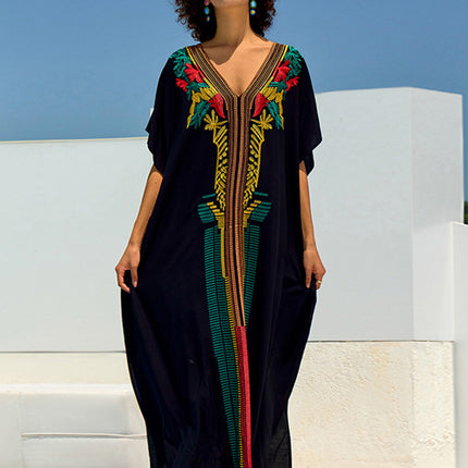 New Cross-Border European and American Style Loose Embroidered Long Dress for Women, Embroidered Beach Cover-Up, Long Robe, Bikini Cover-Up
