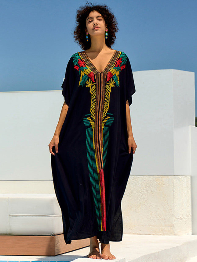 New Cross-Border European and American Style Loose Embroidered Long Dress for Women, Embroidered Beach Cover-Up, Long Robe, Bikini Cover-Up
