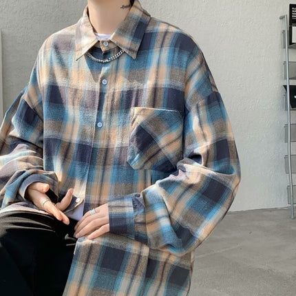 American Retro Plaid Shirt Men's Long-Sleeved Casual Trendy Brand Loose Brushed High-End Shirt Men's Jacket