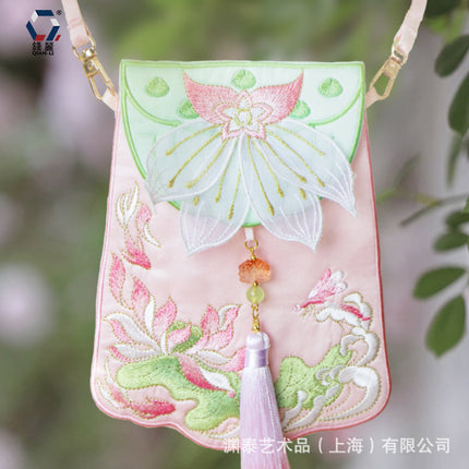 [Yuantai] Embroidered Hanfu Bag Antique Retro Embroidered Lotus Accessories Bag Guofeng Mobile Phone Bag Embroidered Sachet