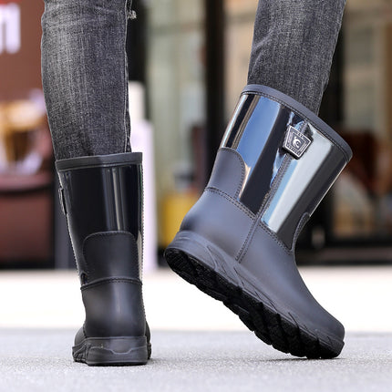 Spring and Autumn Mid-barrel Men's Labor Protection Rubber Shoes Rain Shoes Contrast Color Construction Site Water Boots Non-slip Thickened Rainstorm Boots Knight Red Bottom War Boots