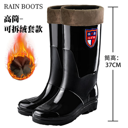 Black High-Tube Men's Rain Boots for Foreign Trade, Waterproof and Non-Slip Kitchen Shoes, Warm Mid-Tube Men's Water Boots, Rain Boots
