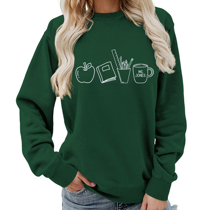 Apple Books Tea Cup Pencil Printing Crewneck Women's Top Sweatshirt Foreign Trade Supply Autumn and Winter Coat Casual Loose