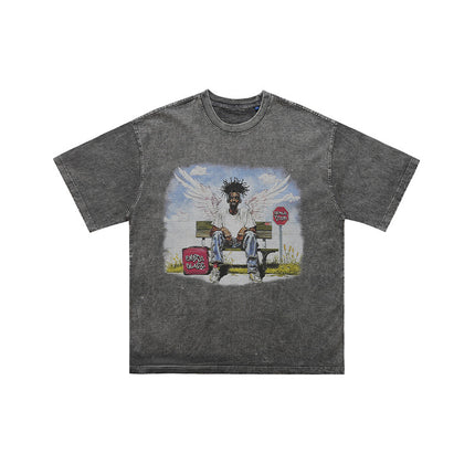 LawFoo American Street Washed Old Street Figure Printed Spring and Summer Loose Short-sleeved T-shirt Men's Top