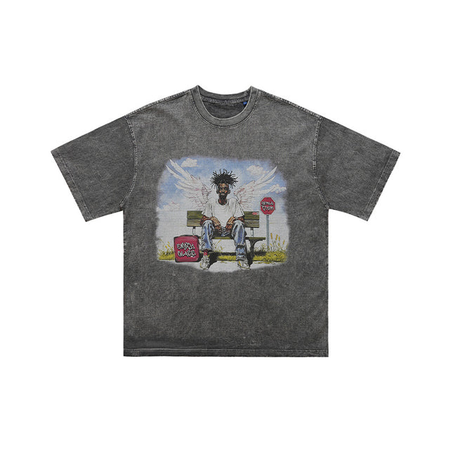 LawFoo American Street Washed Old Street Figure Printed Spring and Summer Loose Short-sleeved T-shirt Men's Top
