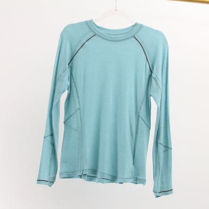 Merino Wool Long-Sleeved T-Shirt for Women, Antibacterial, Deodorant, Contrasting Shoulder Line, Waist Slimming Look, Outdoor Sports, Hiking and Fitness