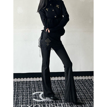 American Style Spice Girl Ancient Early Gothic Cross Culottes Women's Spring Fake Two-piece Lace Stitching Micro Horn Mop Pants