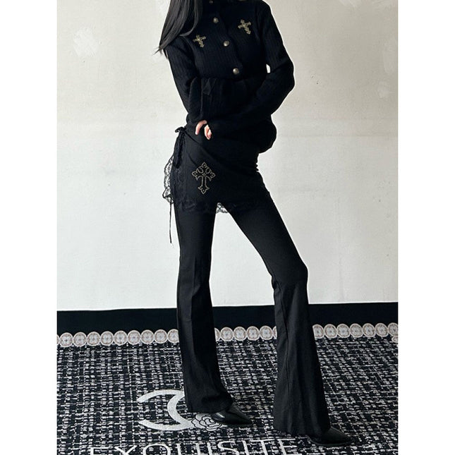 American Style Spice Girl Ancient Early Gothic Cross Culottes Women's Spring Fake Two-piece Lace Stitching Micro Horn Mop Pants