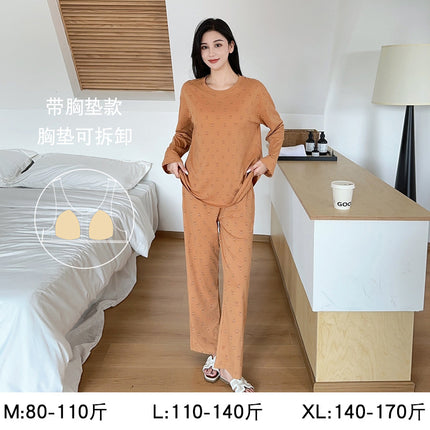 Modal Pajamas for Women, Spring and Summer Long-Sleeved, High-End, Large Size, Can Be Worn Outside, Spring and Autumn Women's Home Clothes with Chest Pads