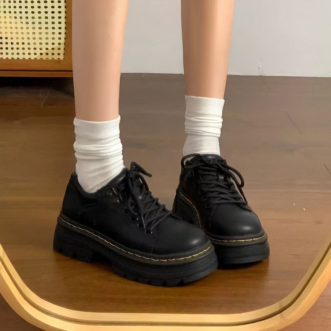 Campus Versatile British Style Small Leather Shoes for Women Spring New Heightening Thick-Soled Brown Shoes