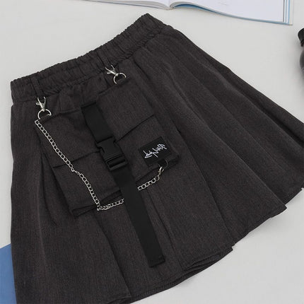 Harajuku Style Large Pocket Retro Workwear High-Waisted Pleated Skirt Half Skirt Short Skirt for Female Students A-Line