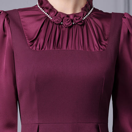 Zhili Spring Collection Women's Long Sleeve High-End Wine Red Floral Slim Fit Dress 2026 New Model