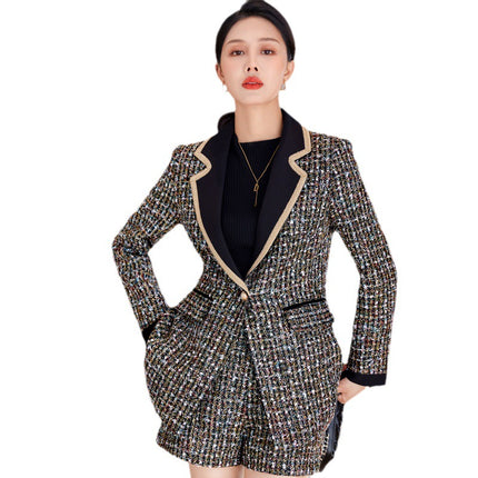 Green Patchwork Tweed Fragrance Waistline Winter Women's Dress Collar Plaid Sequin Single-breasted Jacket with Shorts