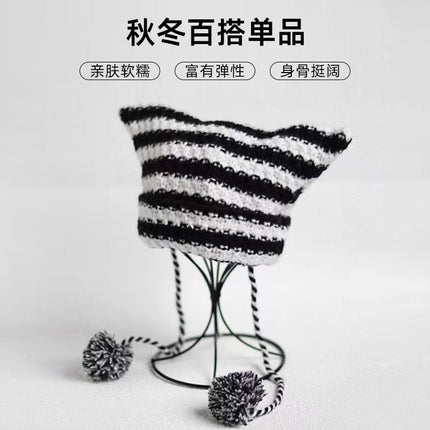 New Cross-border Foreign Trade Striped Deviruchi Knitted Hat Autumn and Winter Ear Protection Warm Face Hair Ball Small Wool Hat