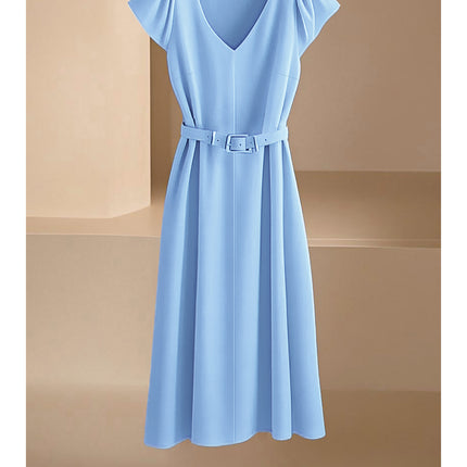 Amazon Spring and Summer New Skin-Friendly and Comfortable V-Neck Fashionable and Elegant Work Clothing Casual Pure Color Mid-Length Skirt & Without Belt