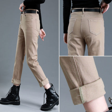 2024 Autumn and Winter Velvet Pure Color Off-White Narrow Straight Jeans for Women High Waist Loose Outer Wear Cigarette Pipe Pants