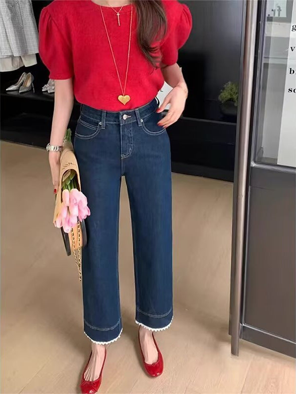 Lace-Trimmed Cropped Straight-Leg Pants Spring New Women's Plus-Size Pear-Shaped Figure Slimming High-Waisted Jeans