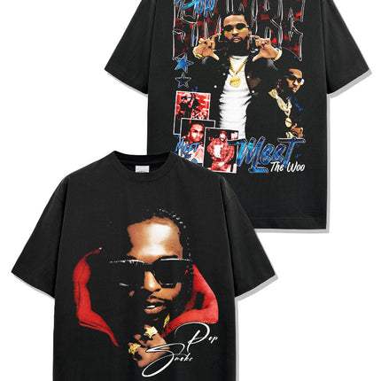 Cross-border American Hip-hop Smoke Pop Smoke Printed Short-sleeved T-shirt Washed Long-sleeved Loose Hooded Sweat for Men
