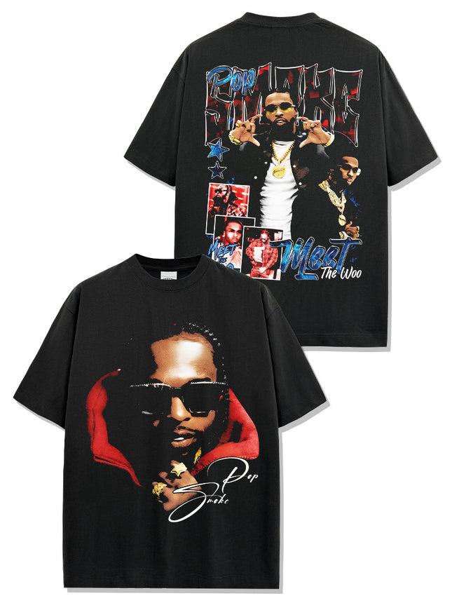 Cross-border American Hip-hop Smoke Pop Smoke Printed Short-sleeved T-shirt Washed Long-sleeved Loose Hooded Sweat for Men