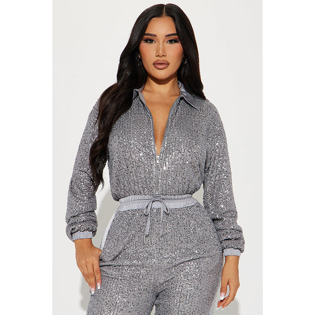 European and American autumn and winter new women's cross-border sequin jumpsuit sequined sexy deep V-neck jumpsuit